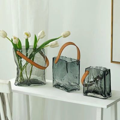 Nordic Ins Clear Purse Vase Handbag Shape Flower Glass Vase Decor with Leather Handles